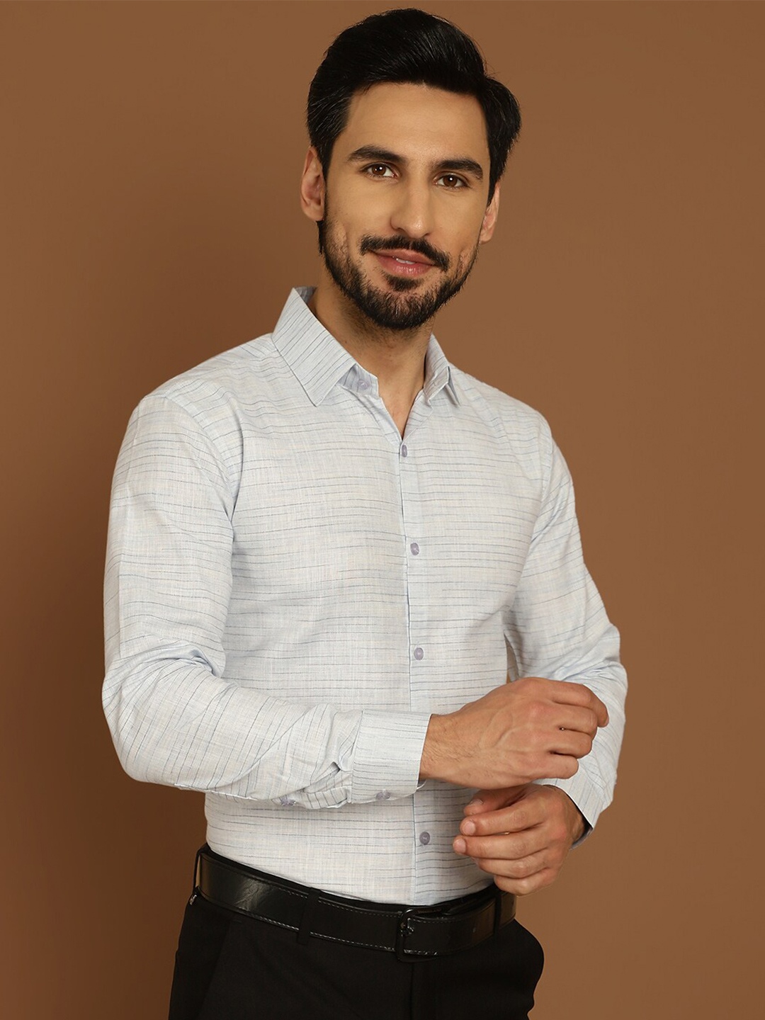 

Indian Needle Classic Regular Fit Striped Cotton Formal Shirt, Grey