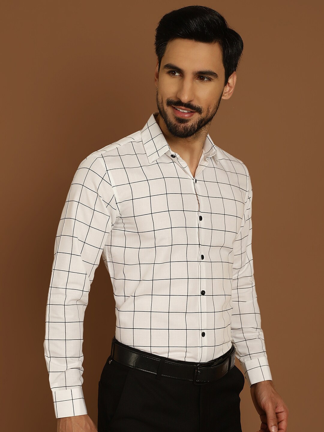 

Indian Needle Classic Regular Fit Windowpane Checked Cotton Formal Shirt, White