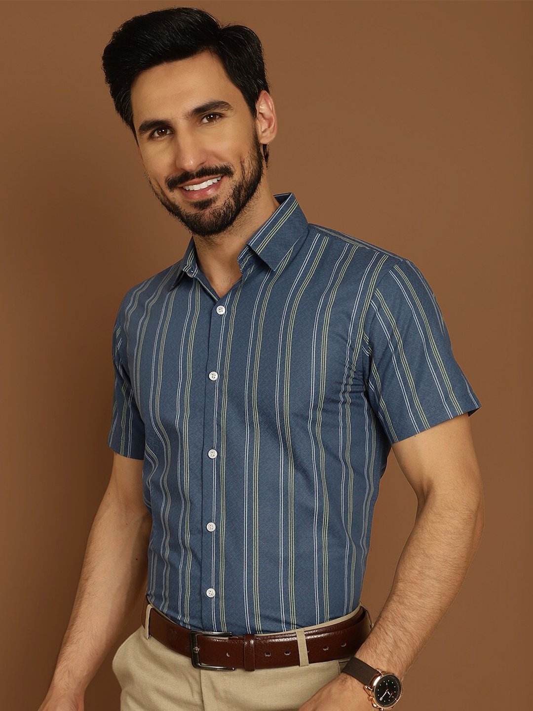 

Indian Needle Classic Regular Fit Vertical Striped Half Sleeve Cotton Formal Shirt, Blue