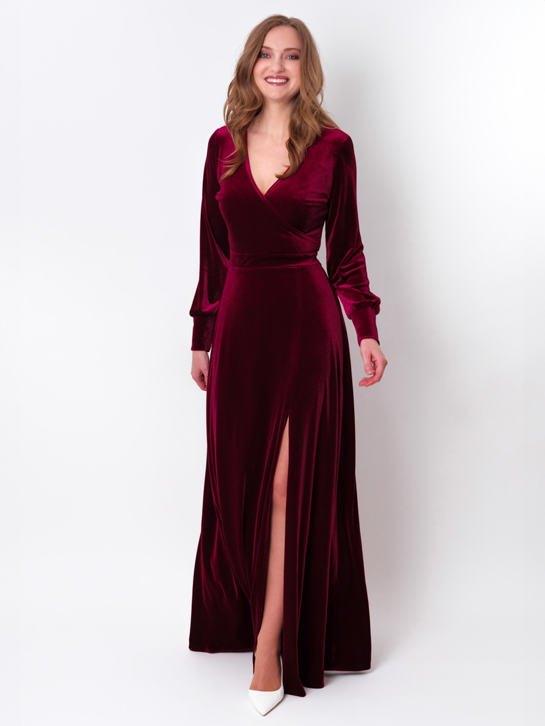 

CHANDERKASH Front Slit V Neck Puff Sleeves Fit & Flare Maxi Dress, Maroon