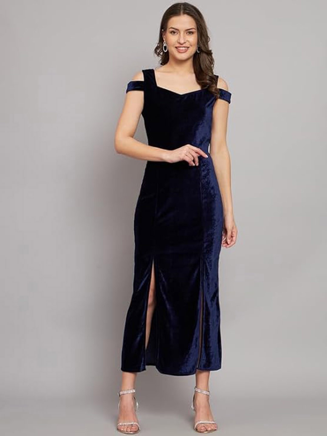 

CHANDERKASH Shoulder Straps Neck Cold-Shoulder Maxi Dress, Navy blue