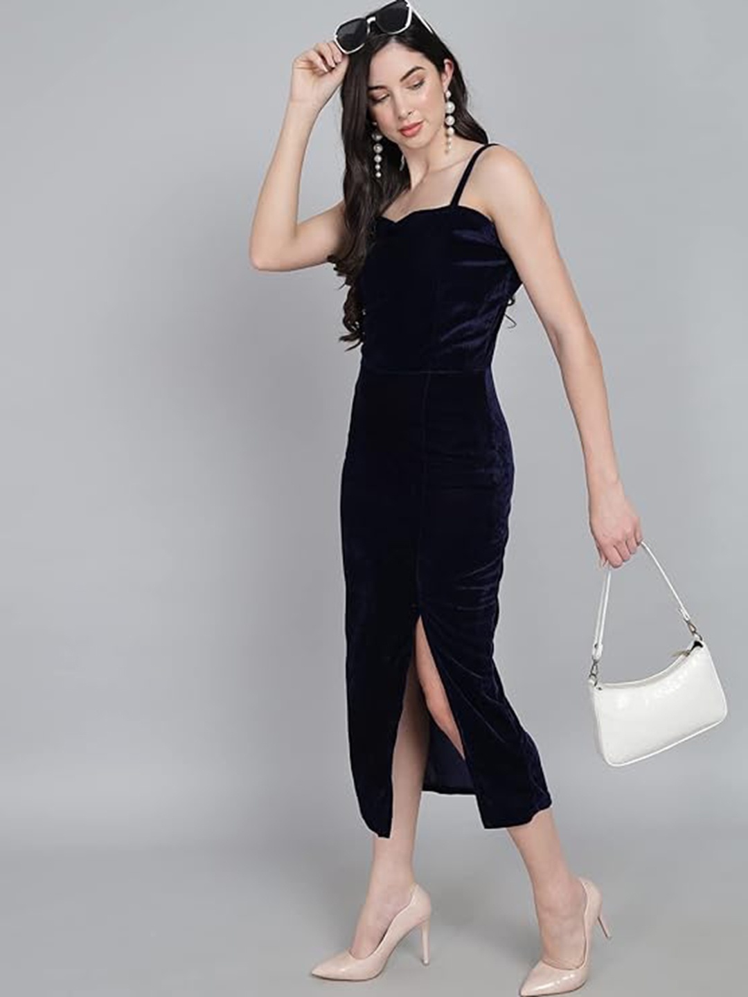 

CHANDERKASH Shoulder Strap Front Slit Sheath Midi Dress, Navy blue