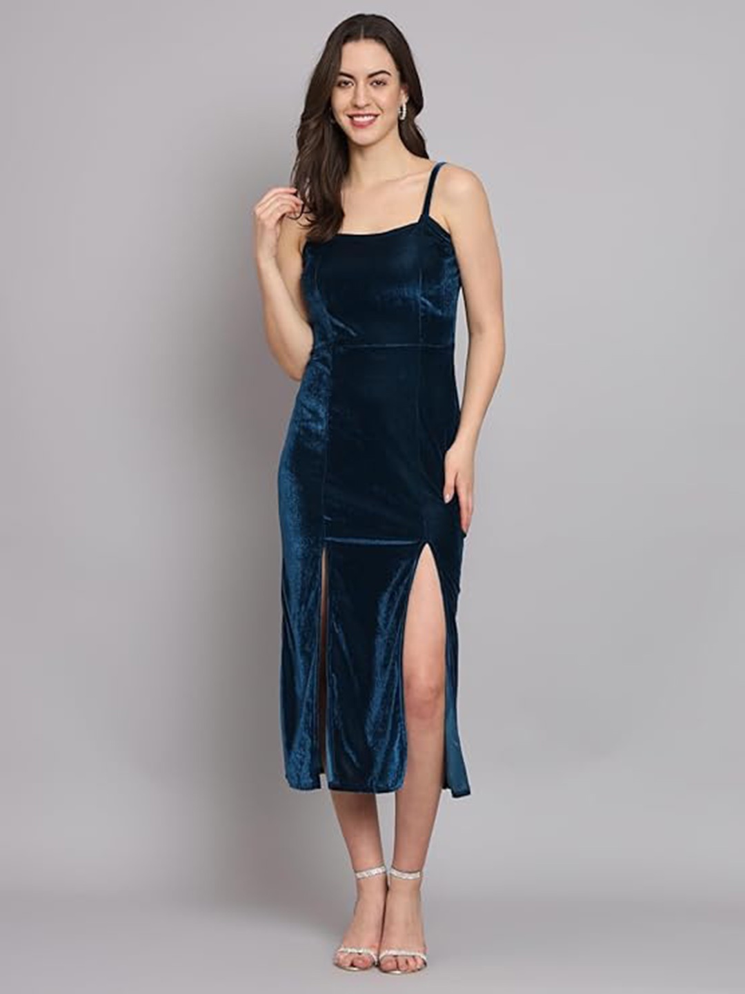 

CHANDERKASH Velvet Sheath Midi Party Dress, Navy blue