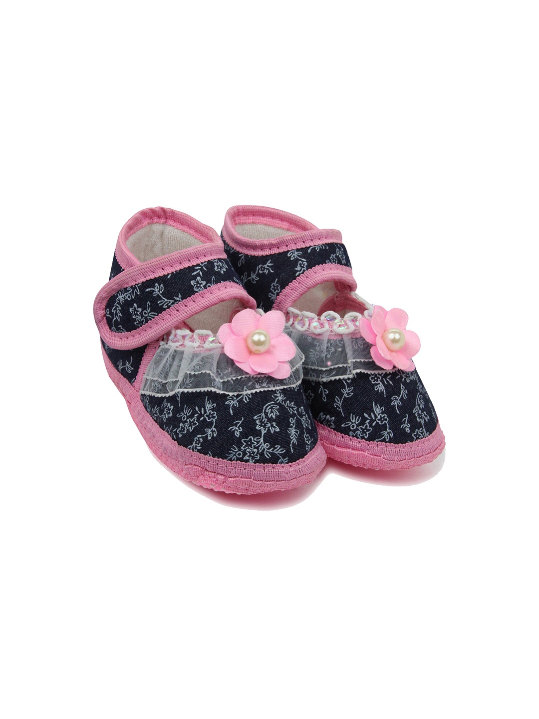 

BAESD Infant Girls Floral Detail Cotton Anti-Slip Booties, Navy blue