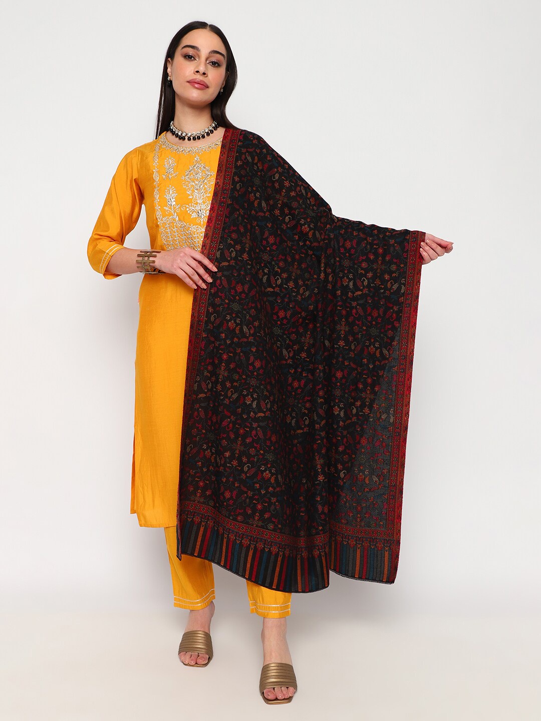 

La Vastraa Floral Woven Design Woollen Shawl, Black