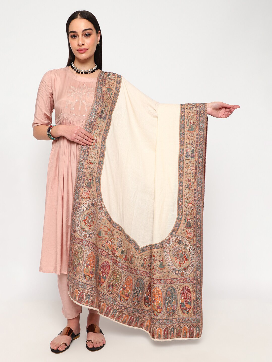 

La Vastraa Woven Design Woollen Shawl, White