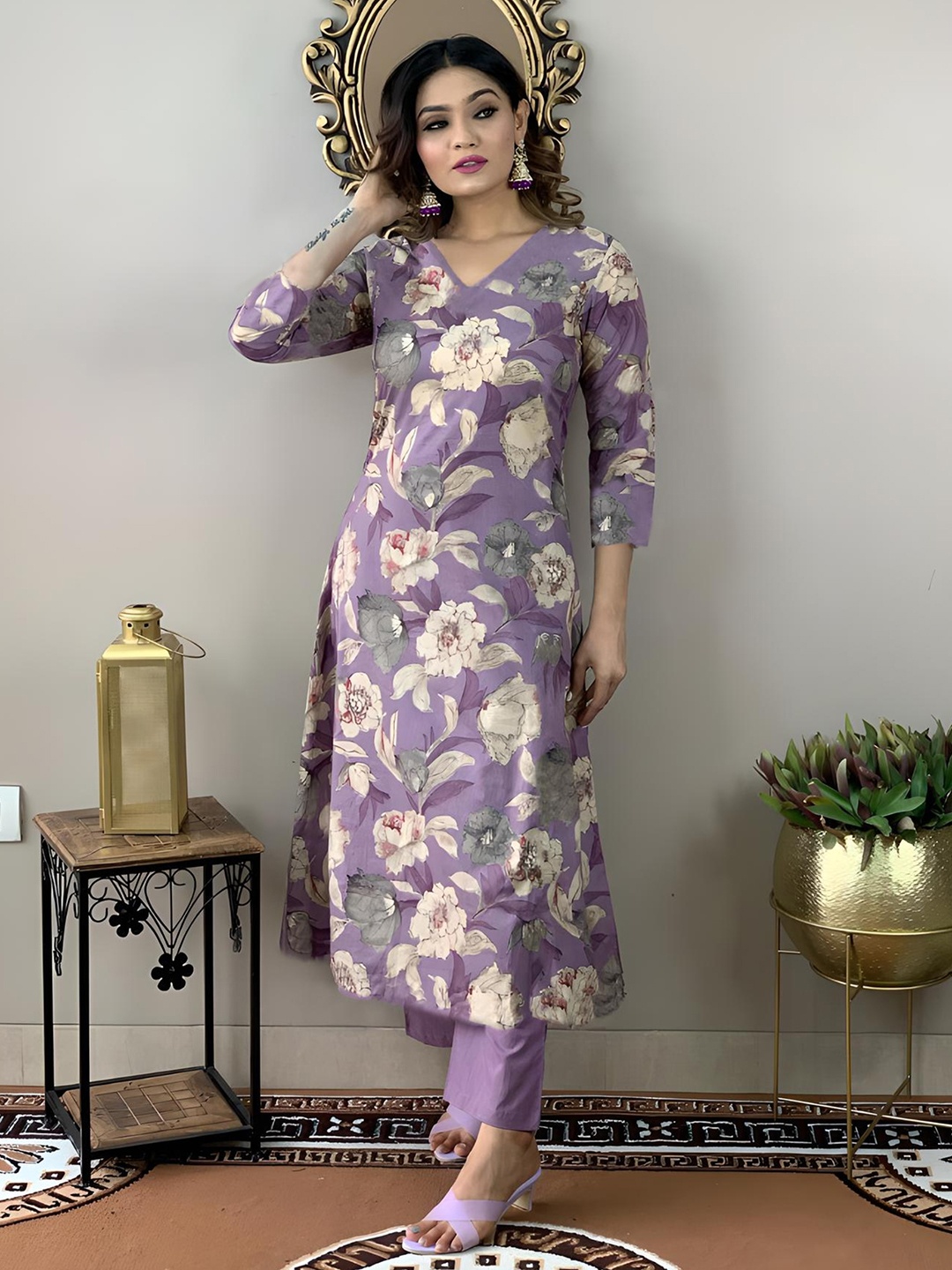 

KALINI Women Purple Floral Printed Plus Size Kurta with Trousers