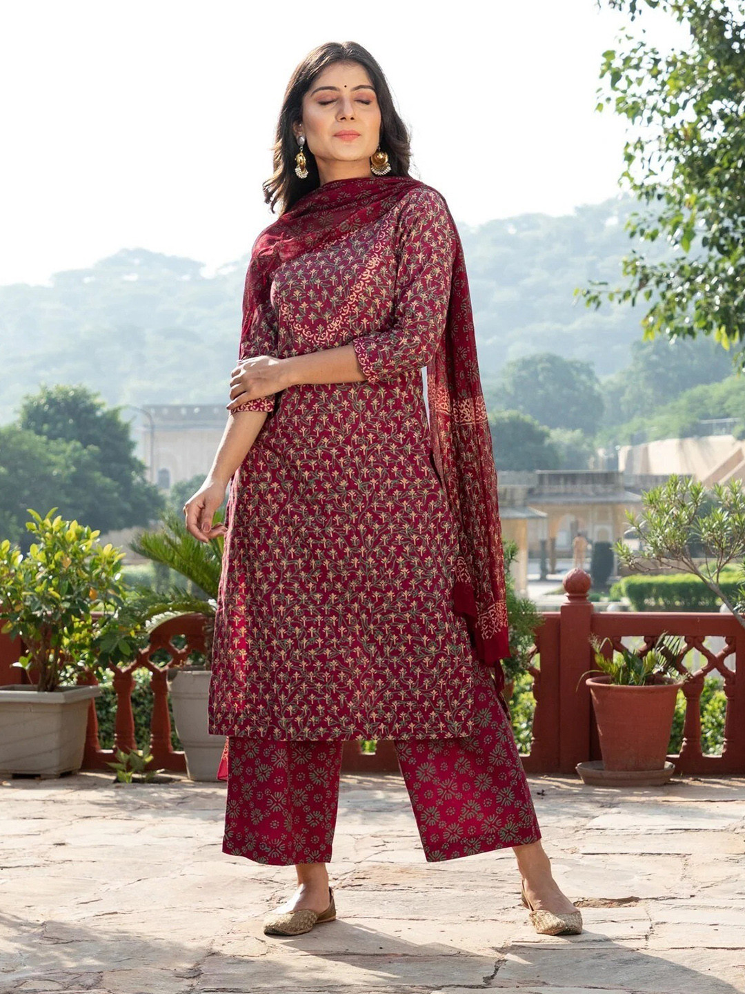 

KALINI Floral Printed V-Neck Straight Kurta with Palazzos & Dupatta, Maroon