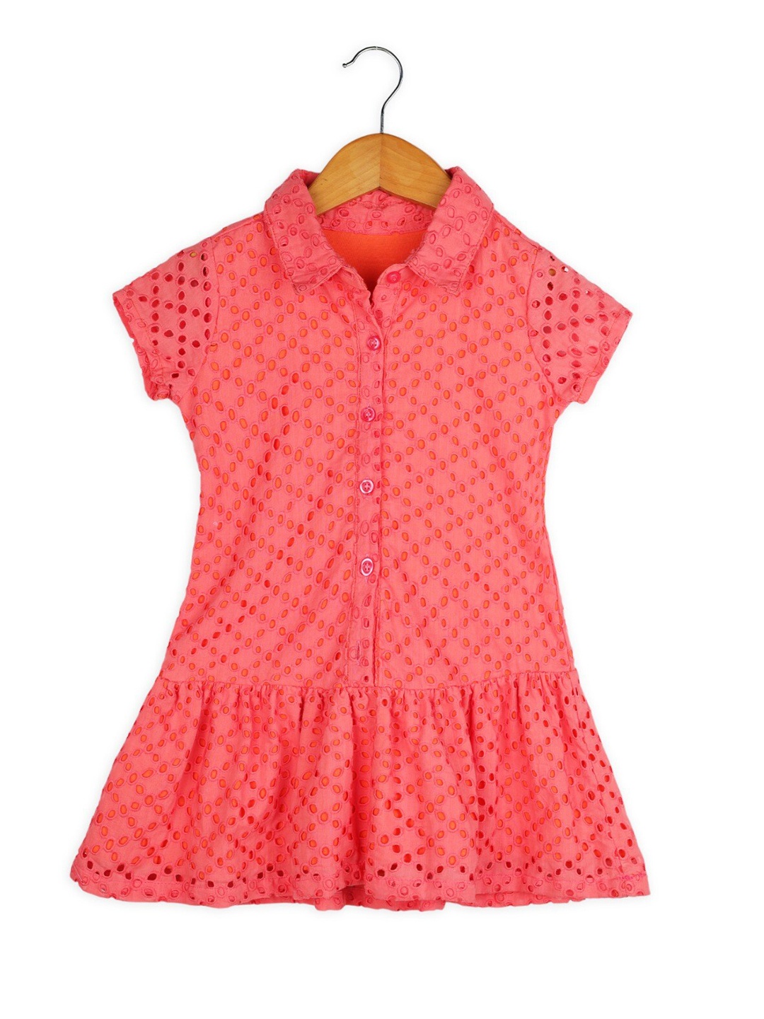 

ZIP ZAP ZOOP Girls Self Designed Short Sleeves Cotton Shirt Dress, Pink