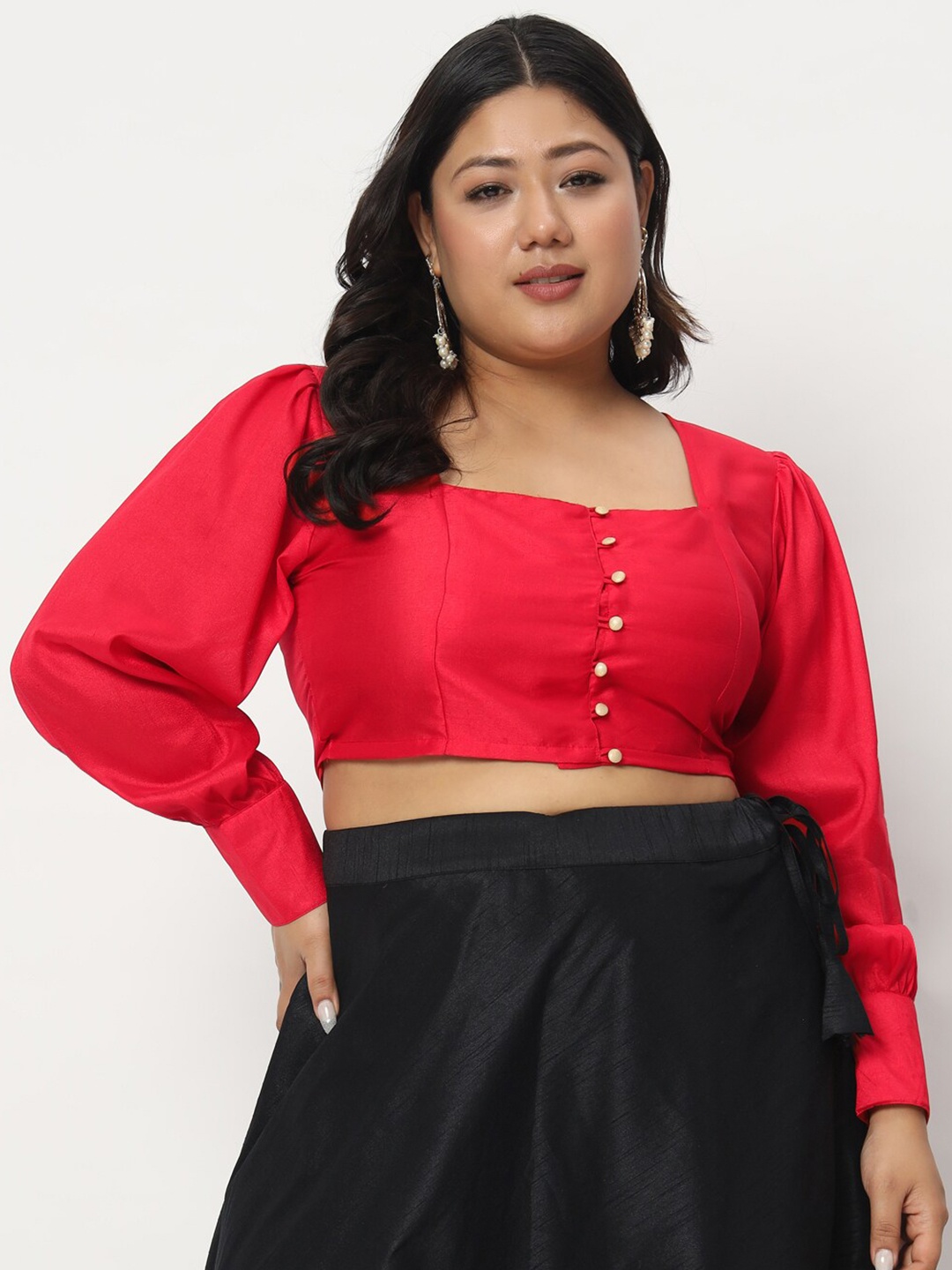 studio rasa Plus Size Chroma Button Down Saree Blouse, Red