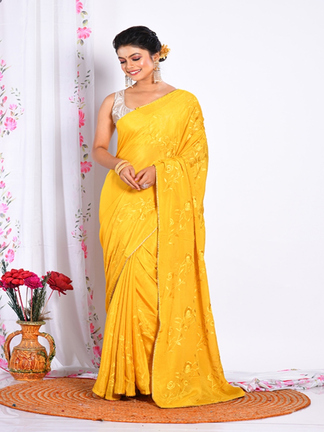 

Morchari Floral Embroidered Gotta Patti Pure Chiffon Saree, Mustard
