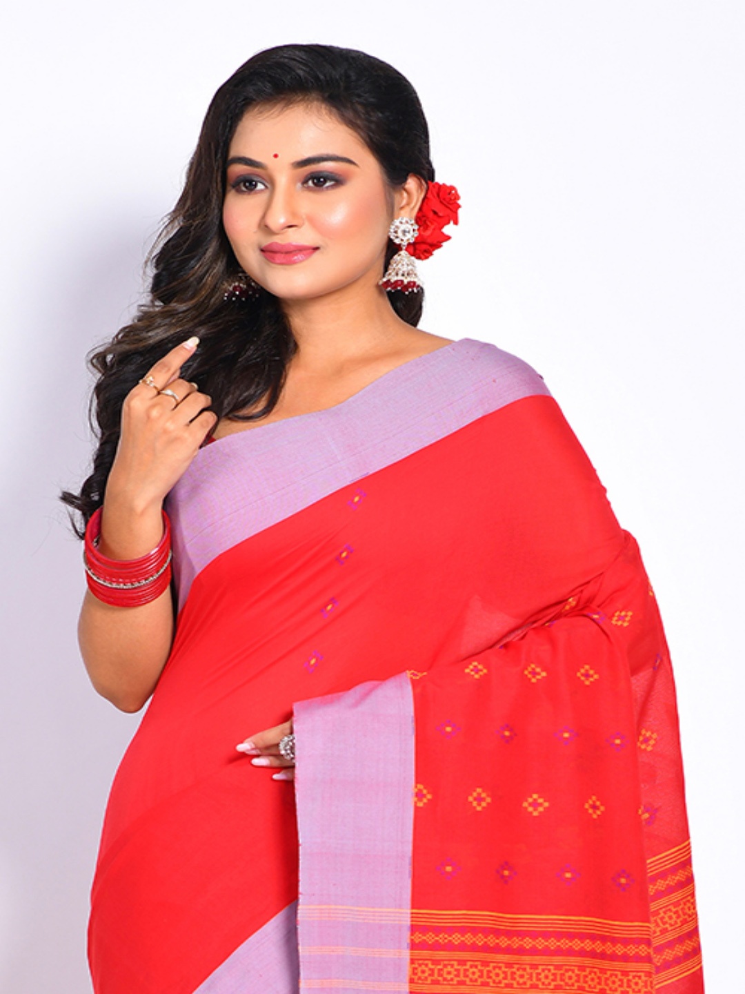 

Morchari Ethnic Motifs Woven Design Pure Cotton Jamdani Saree, Red