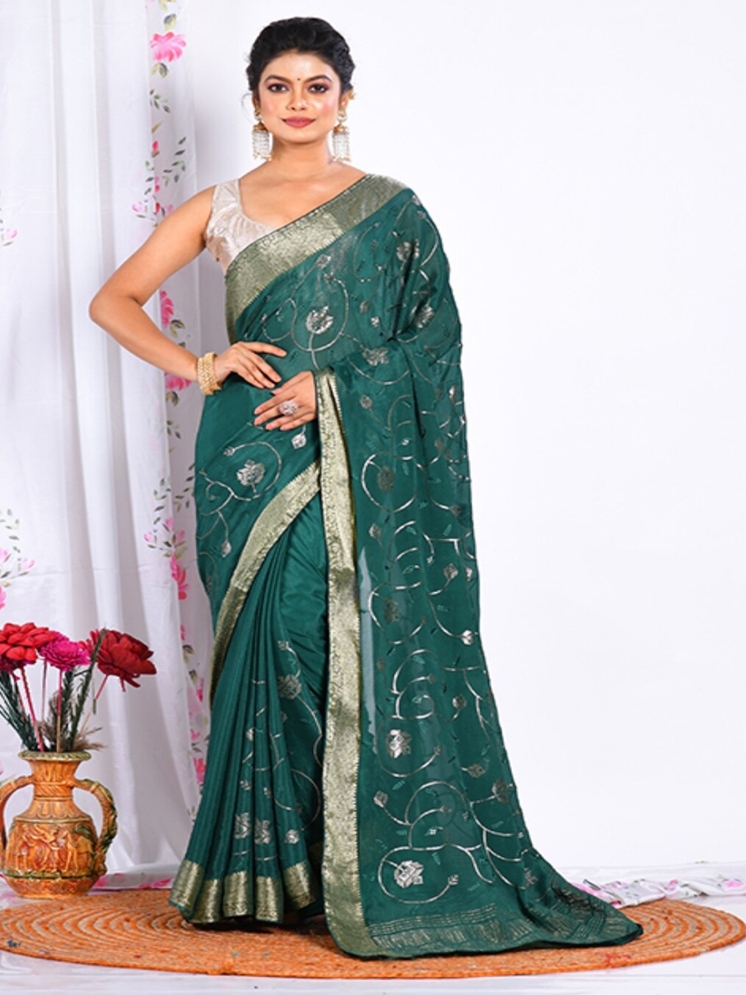 Morchari Floral Embroidered Pure Chiffon Saree, Green