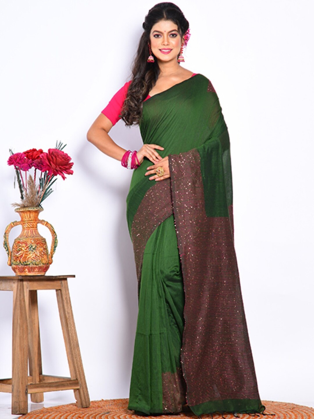 

Morchari Embellished Sequinned Saree, Green