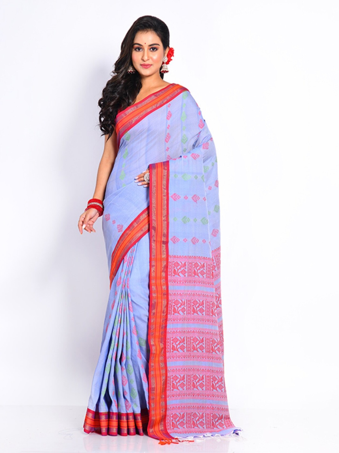 

Morchari Floral Woven Design Zari Pure Cotton Saree, Blue