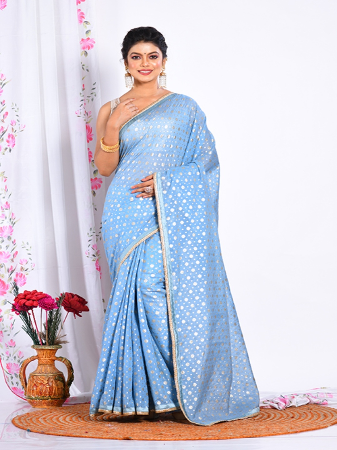 

Morchari Blue & Gold-Toned Printed Embellished Banarasi Saree