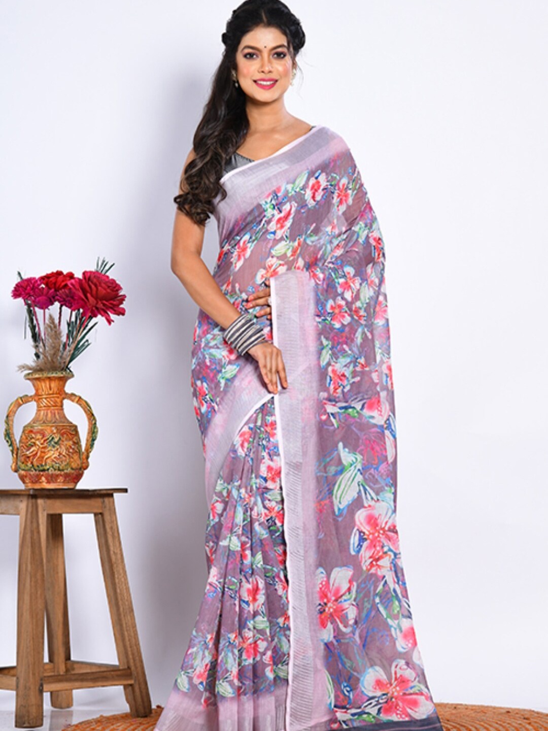 

Morchari Floral Zari Saree, Grey