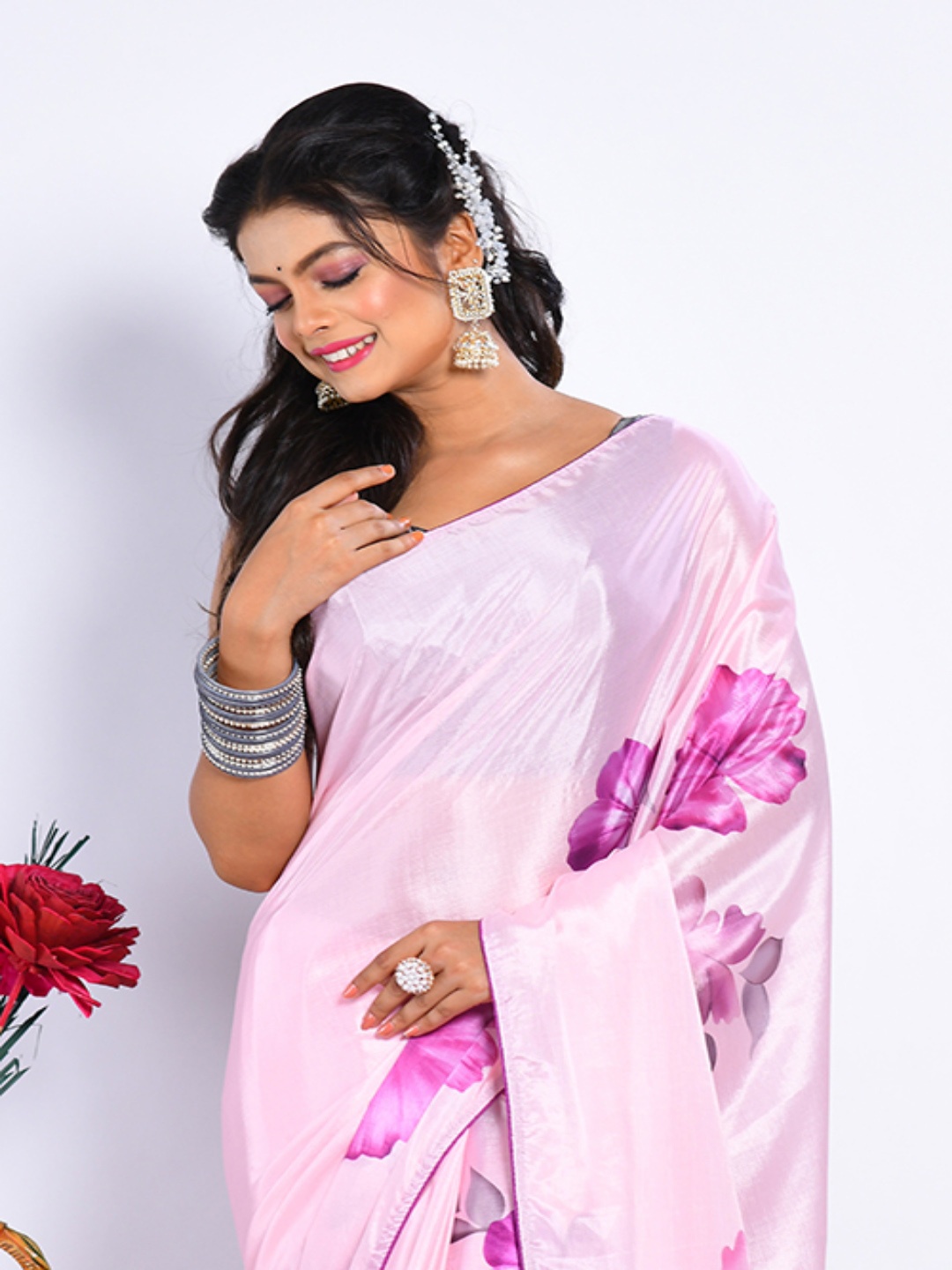 Morchari Pink & Purple Floral Printed Saree