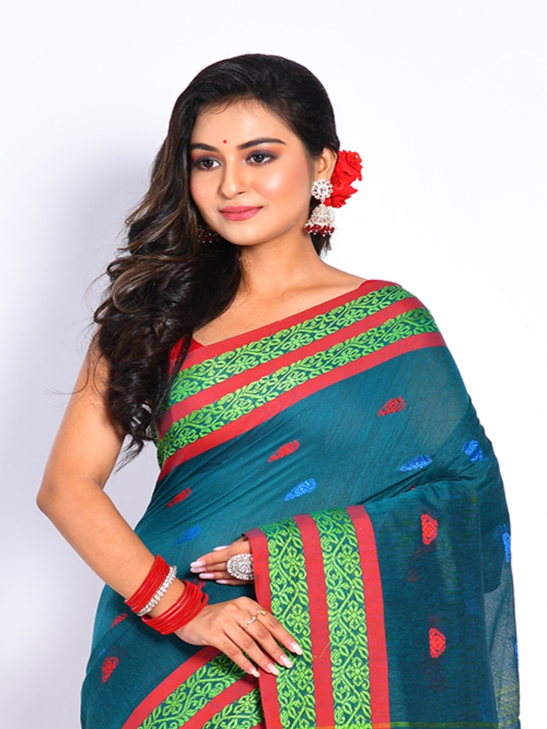 

Morchari Floral Woven Design Zari Saree, Sea green