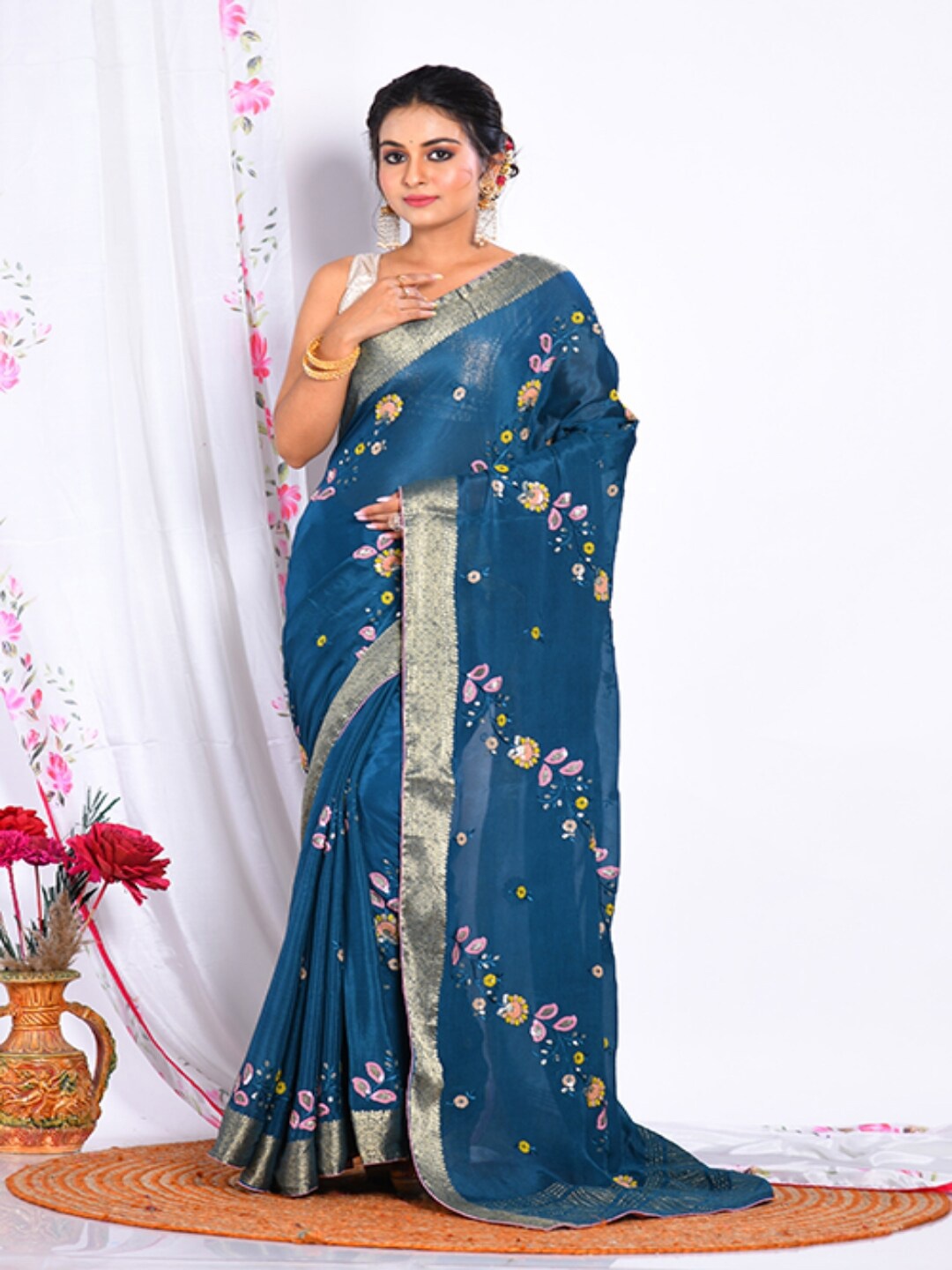 

Morchari Floral Sequinned Pure Chiffon Saree, Blue