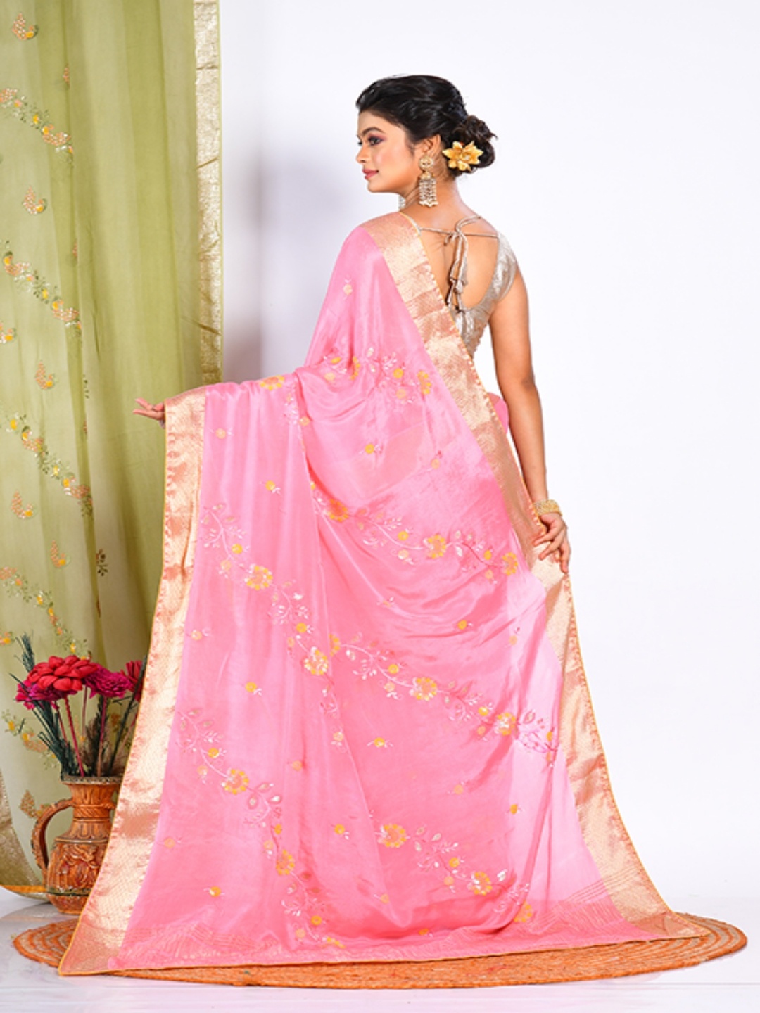 Morchari Floral Zari Pure Chiffon Saree, Pink
