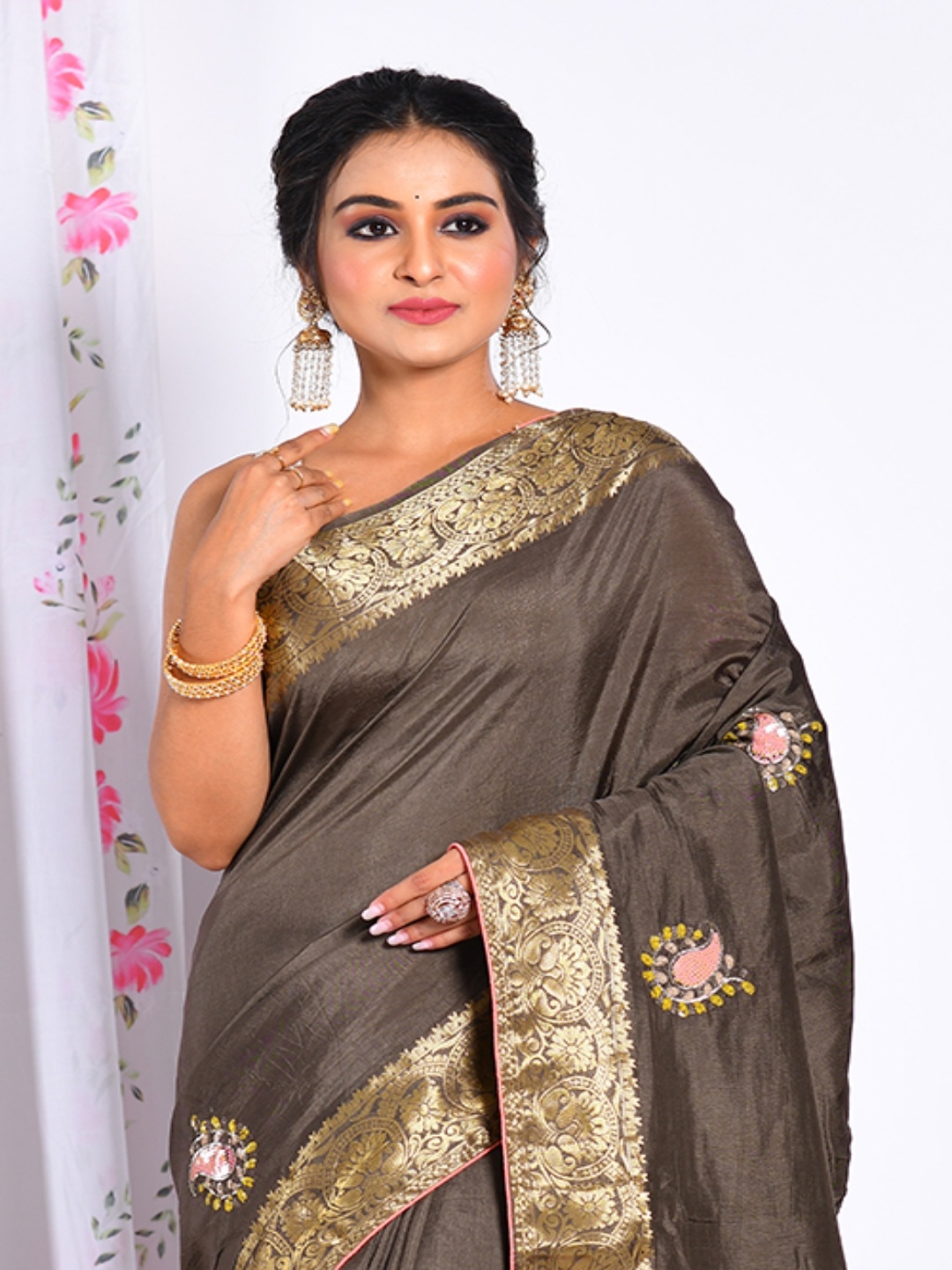 

Morchari Ethnic Motifs Embroidered Zari Pure Silk Saree, Brown