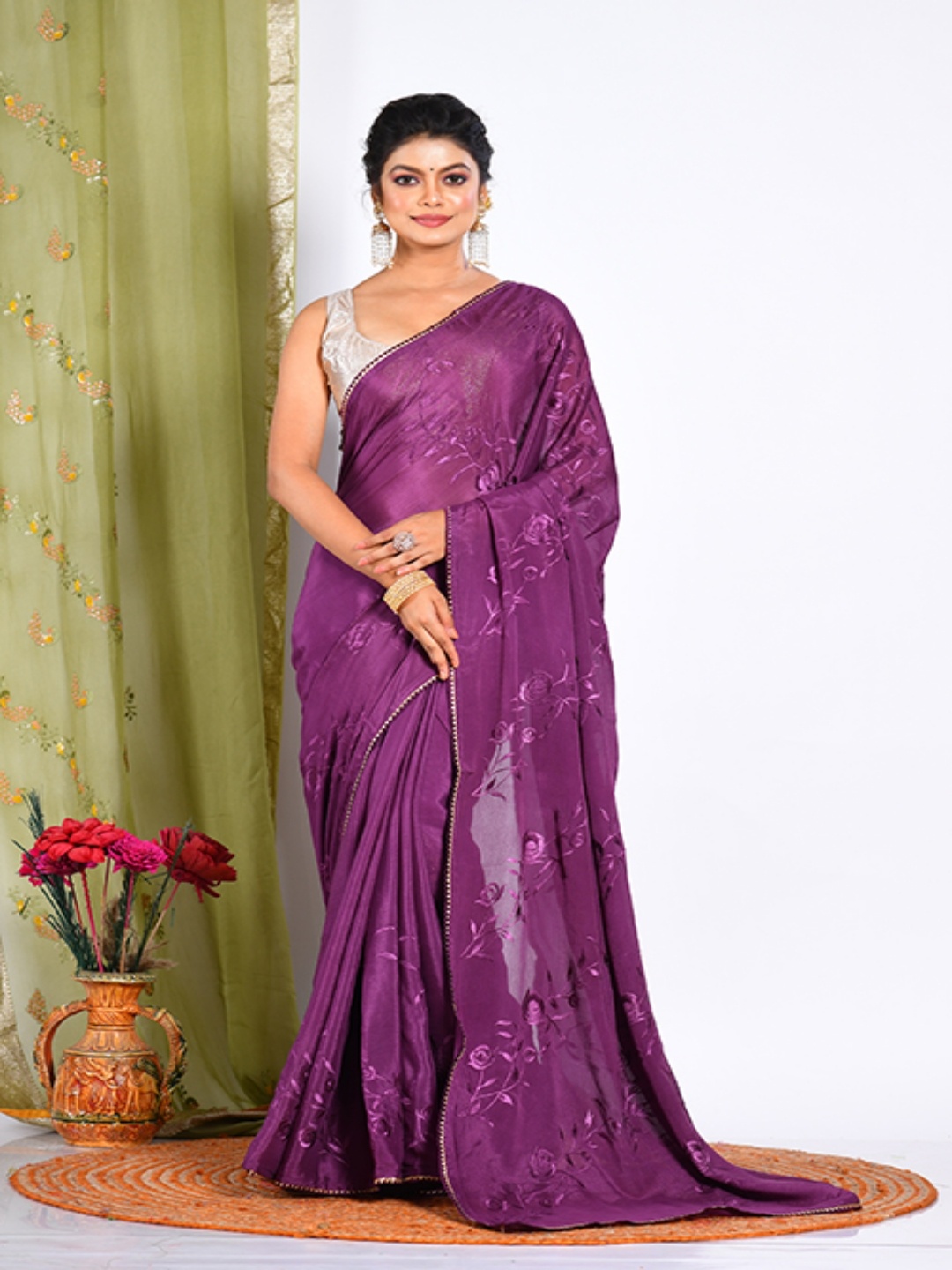 

Morchari Purple Floral Embroidered Pure Chiffon Saree