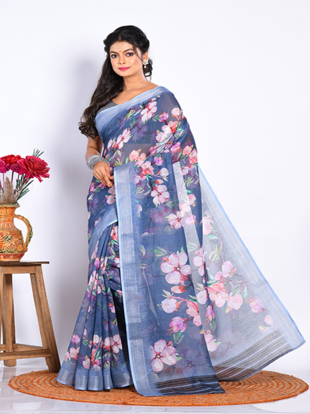 

Morchari Floral Printed Zari Saree, Blue