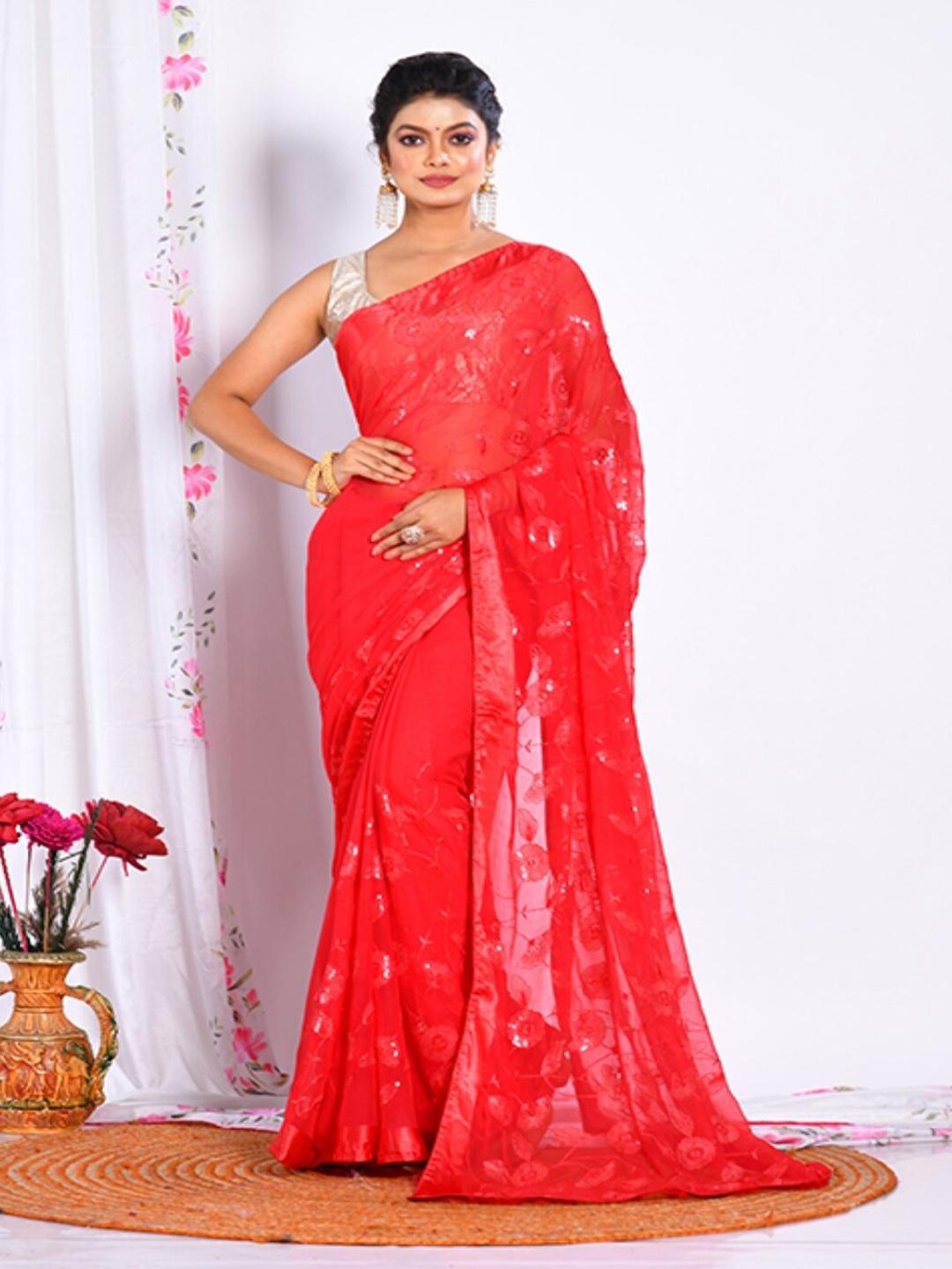 

Morchari Floral Embroidered Pure Chiffon Saree, Red