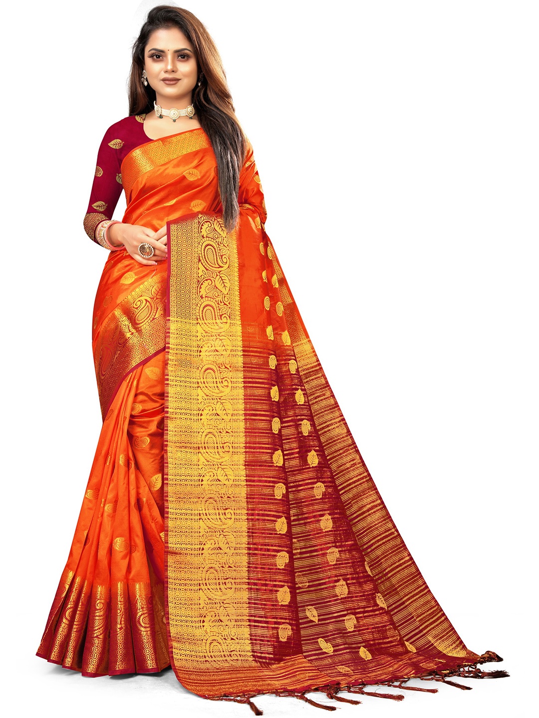 

ANISSA SAREE Woven Design Ethnic Motifs Zari Banarasi Saree, Orange
