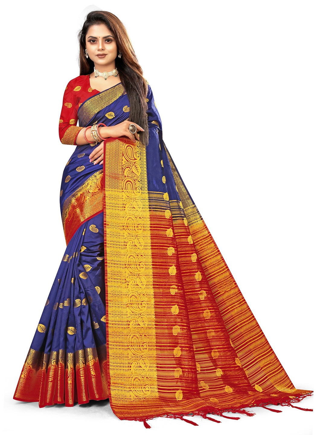 

ANISSA SAREE Woven Design Ethnic Motifs Printed Zari Banarasi Saree, Navy blue