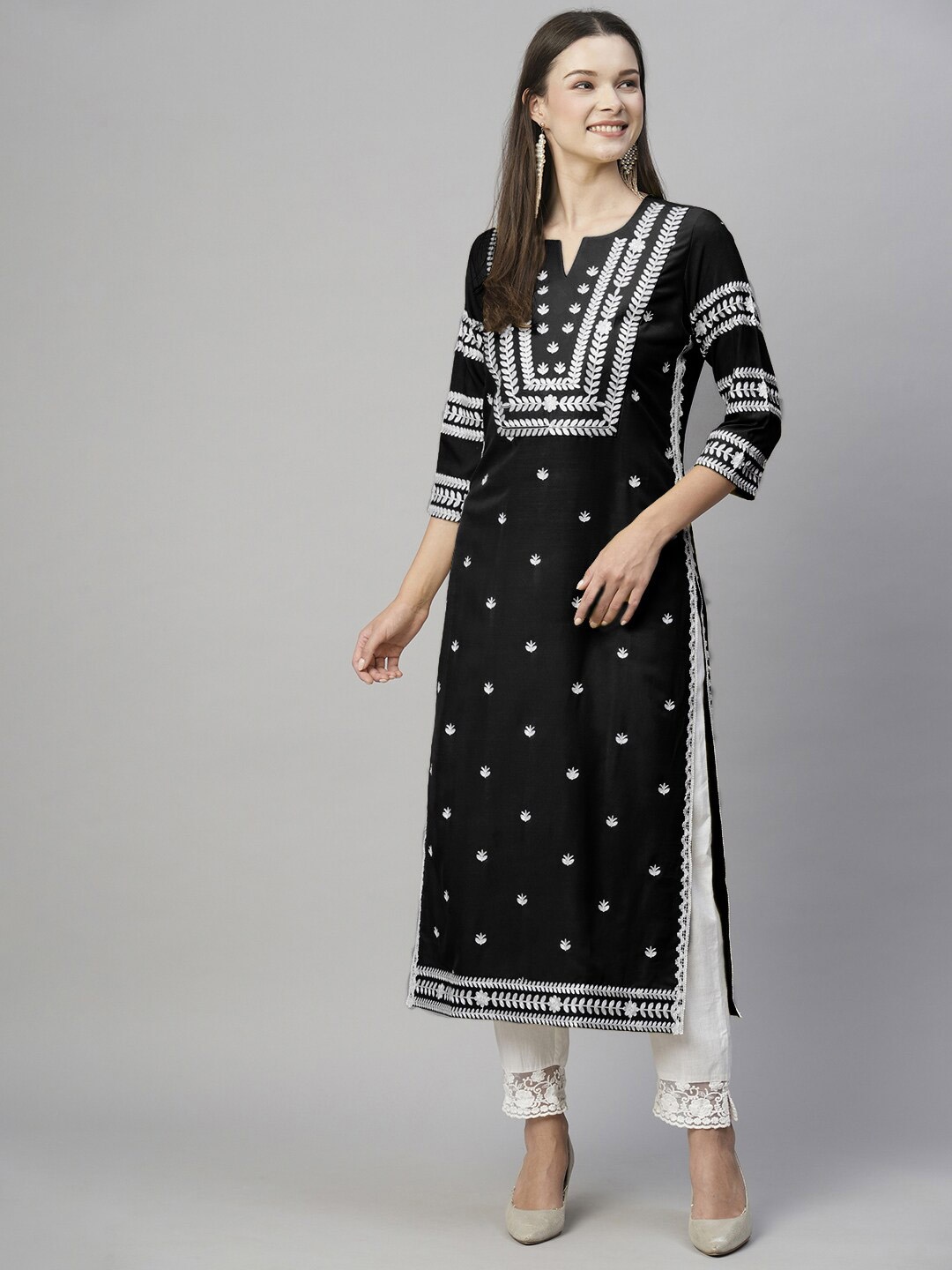 

KALINI Floral Embroidered Chikankari Straight Kurta, Black