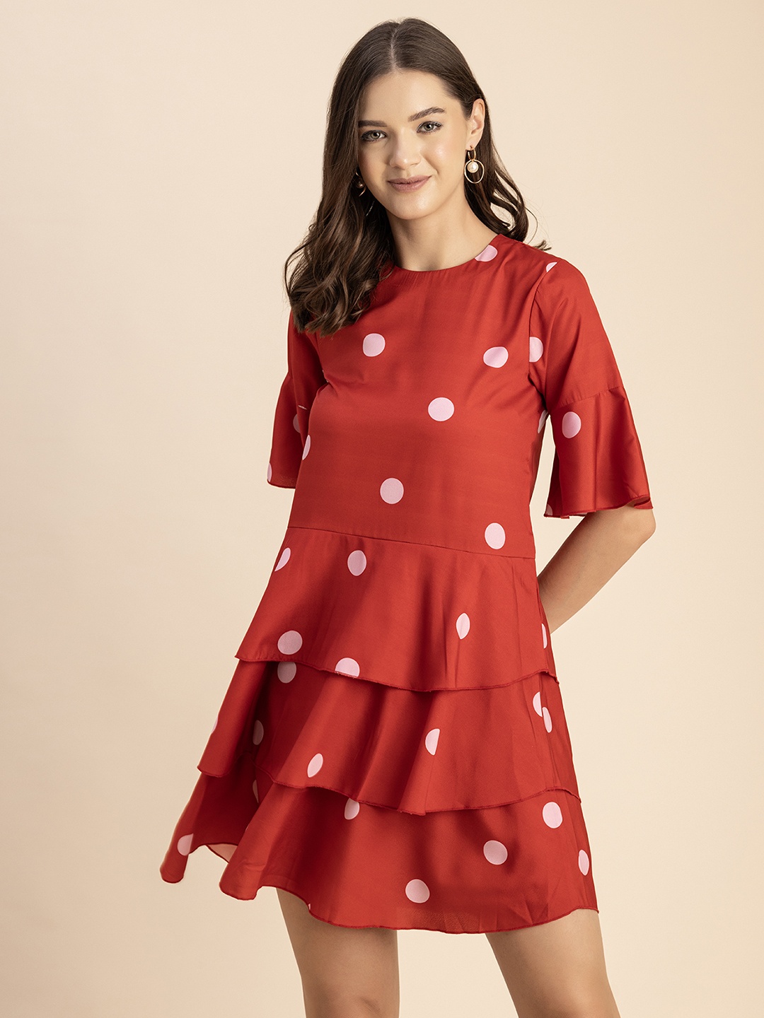 

Moomaya Polka Dots Print Round Neck Fit & Flare Dress, Red