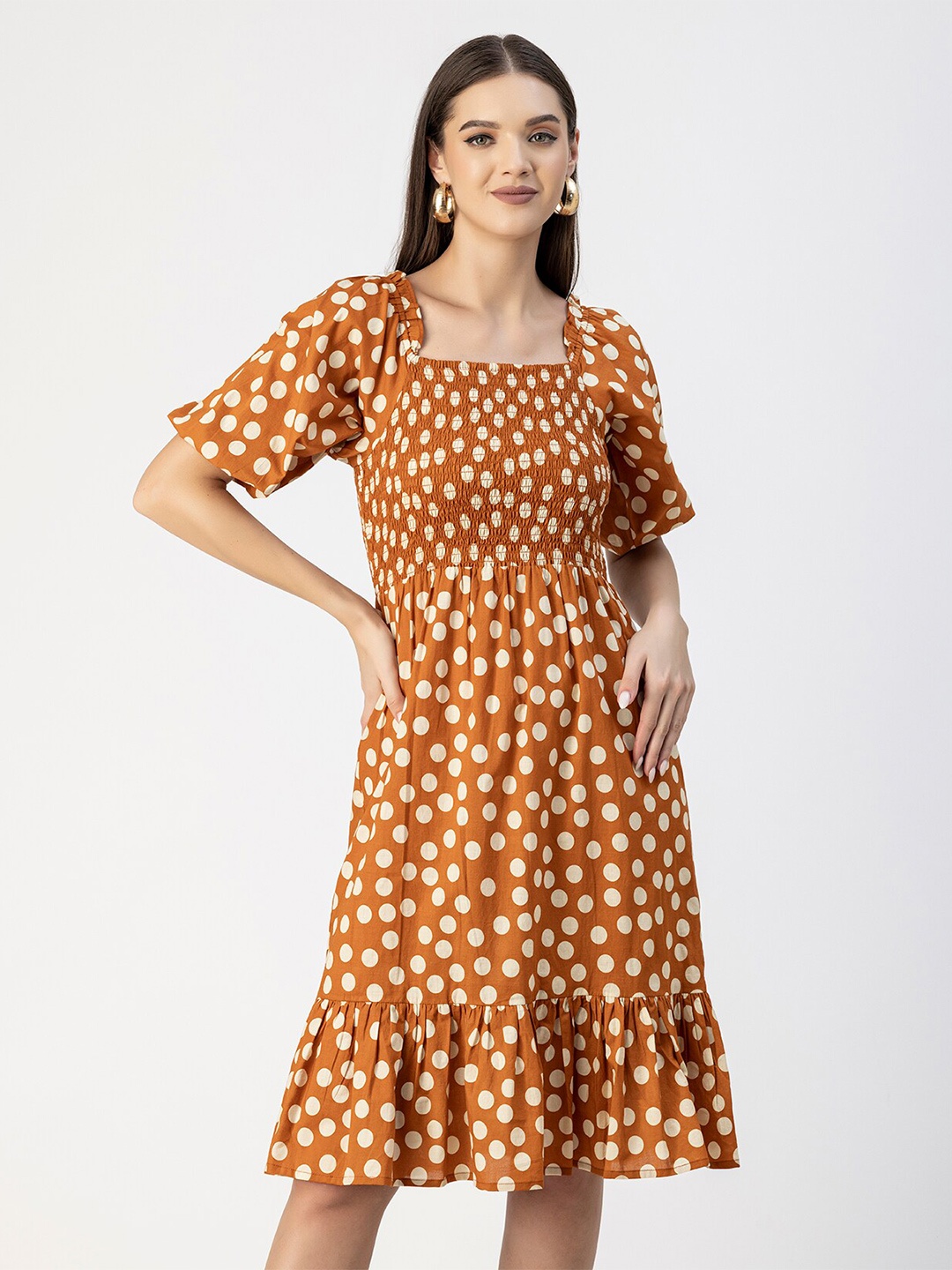 

Moomaya Polka Dot Print Puff Sleeve Fit & Flare Dress, Rust