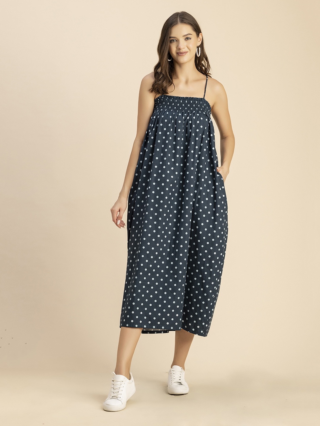 

Moomaya Polka Dot Print Smocked Cotton Midi A-Line Dress, Teal