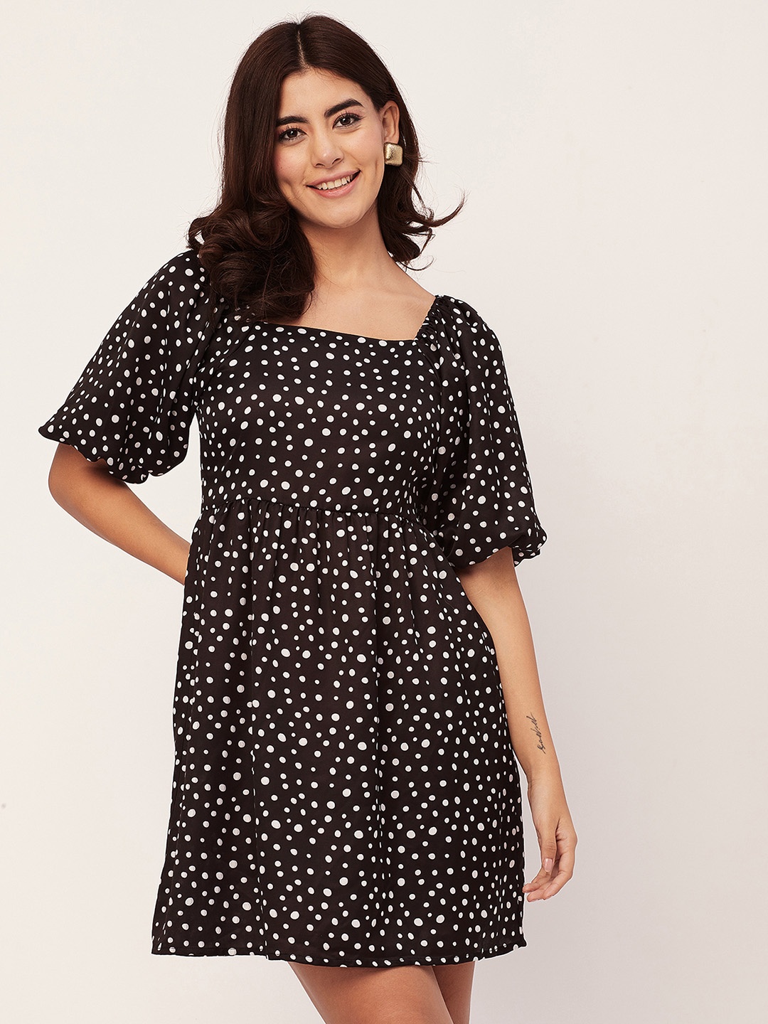 

Moomaya Polka Dot Printed Round Neck Flared Sleeve Satin Fit & Flare Dress, Black