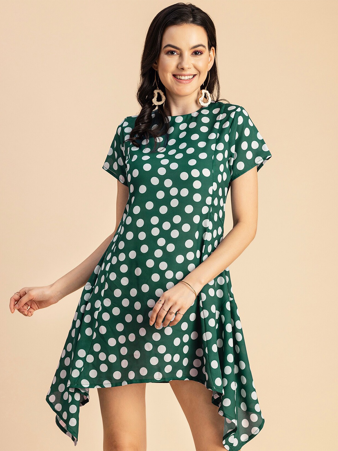 

Moomaya Polka Dots Printed Asymmetric A-Line Dress, Teal