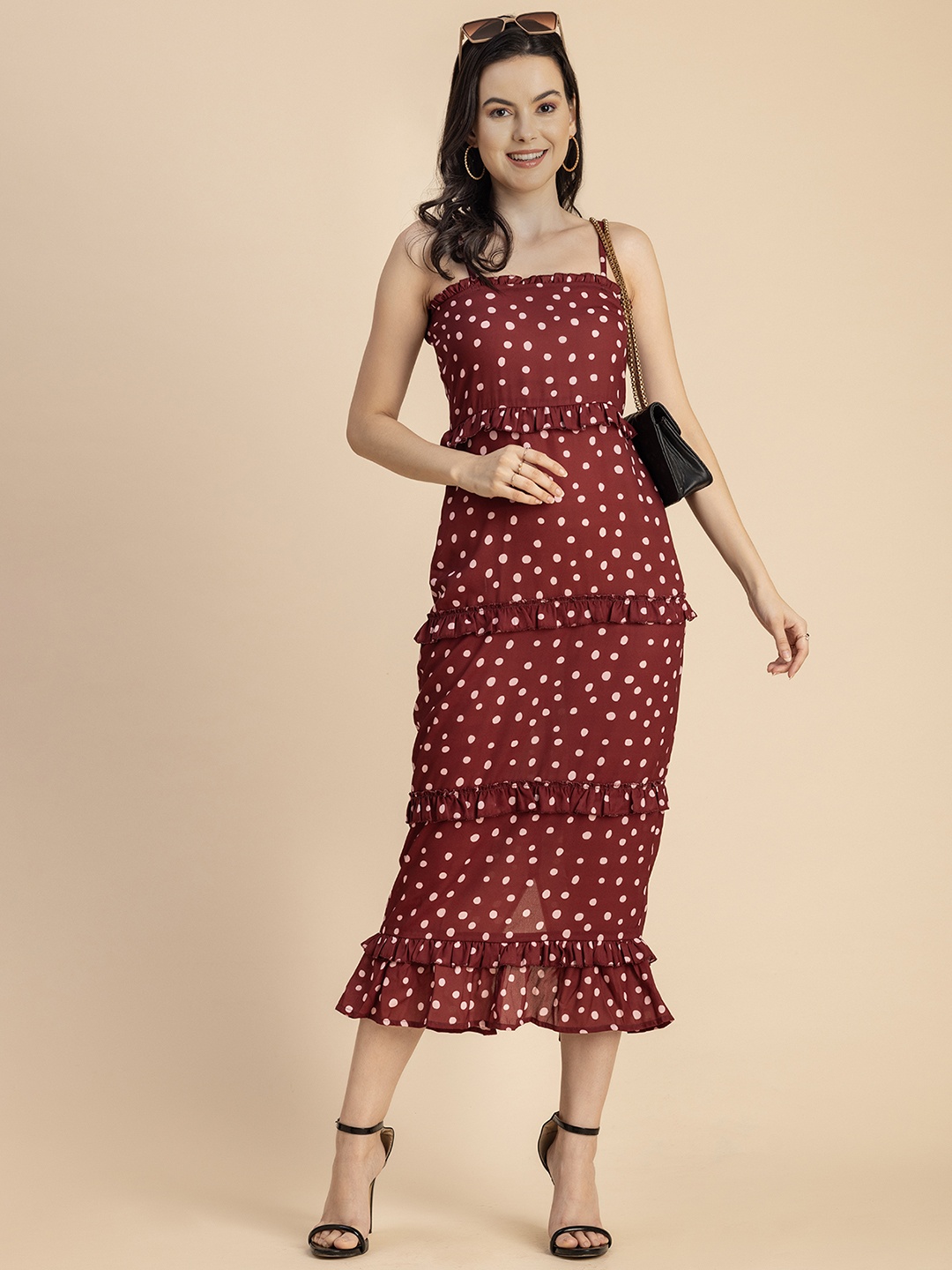 

Moomaya Polka Dot Printed Shoulder Strap Sheath Midi Dress, Burgundy