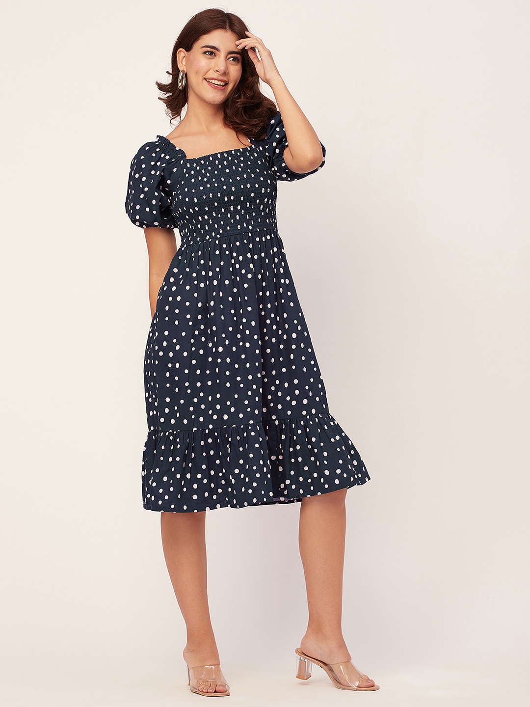 

Moomaya Polka Dot Print Puff Sleeve Fit & Flare Dress, Blue