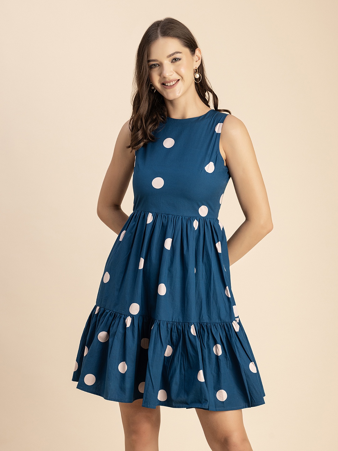

Moomaya Floral Printed Round Neck Sleeveless Fit & Flare Dress, Teal