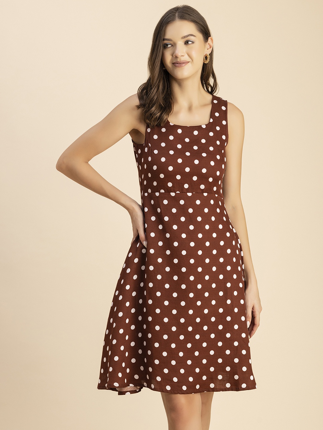 

Moomaya Polka Dot Printed Sleeveless Satin Fit And Flare Dress, Brown