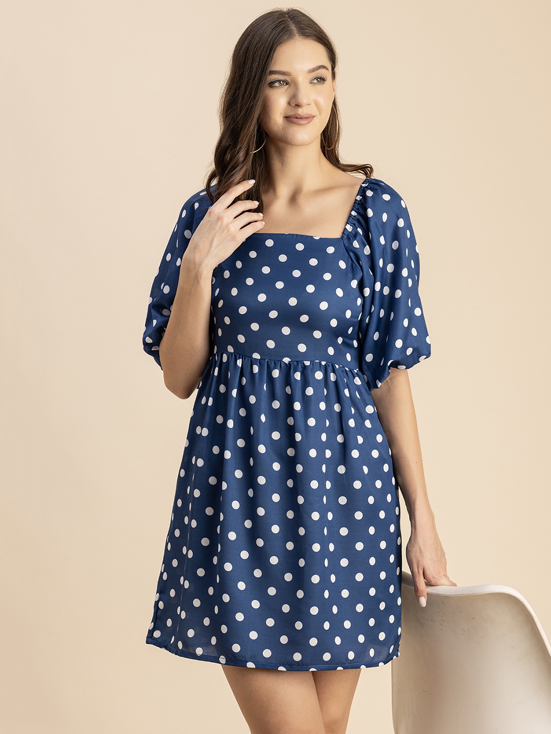 

Moomaya Polka Dot Printed Square Neck Satin Fit & Flare Dress, Blue