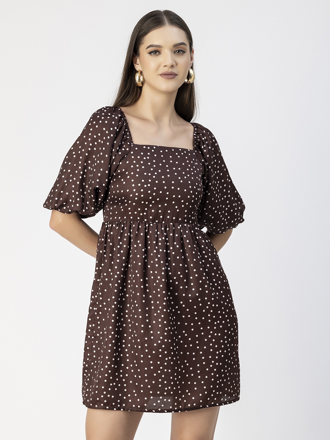 

Moomaya Square Neck Polka Dot Printed Satin Fit & Flare Dress, Brown