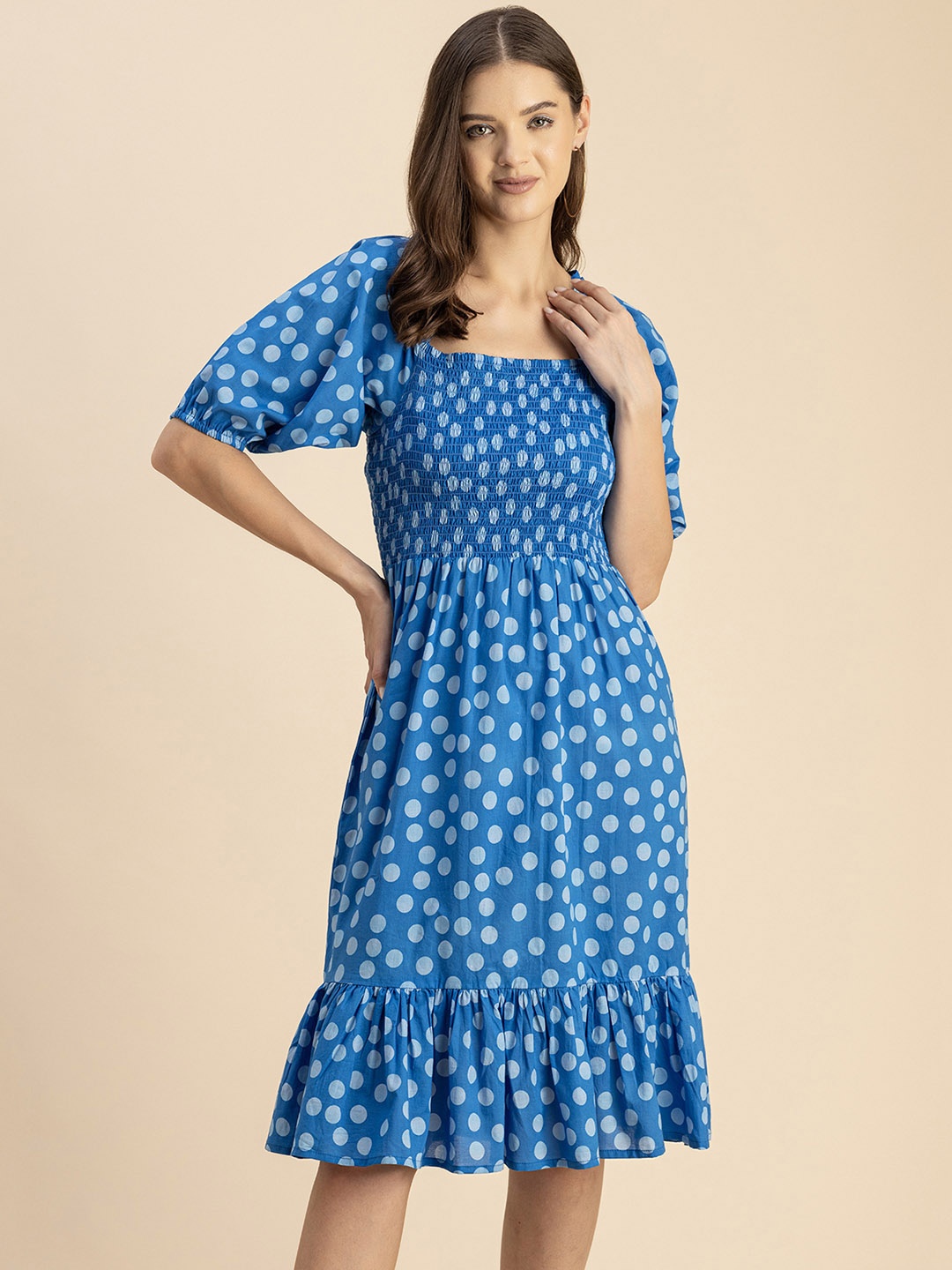 

Moomaya Polka Dot Printed Square Neck Cotton Fit & Flare Dress, Blue