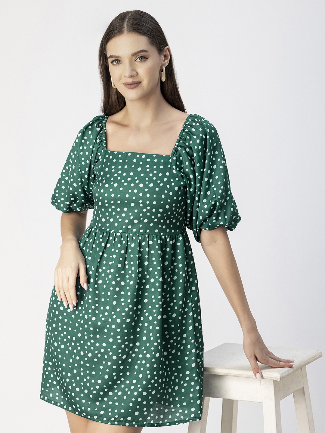 

Moomaya Polka Dot Square Neck Printed A-Line Midi Dress, Teal