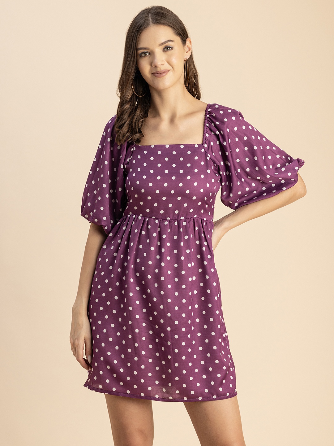 

Moomaya Polka Dot Printed Flared Sleeve Mini Fit & Flare Dress, Magenta