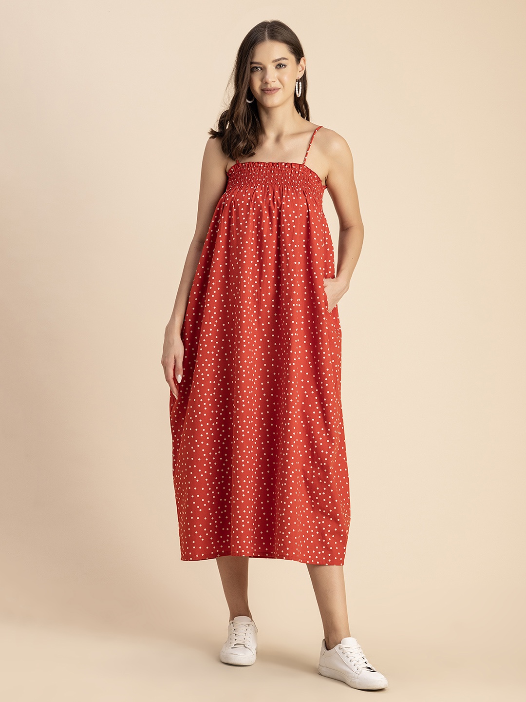 

Moomaya Polka Dots Print Smocked Cotton Midi A-Line Dress, Red