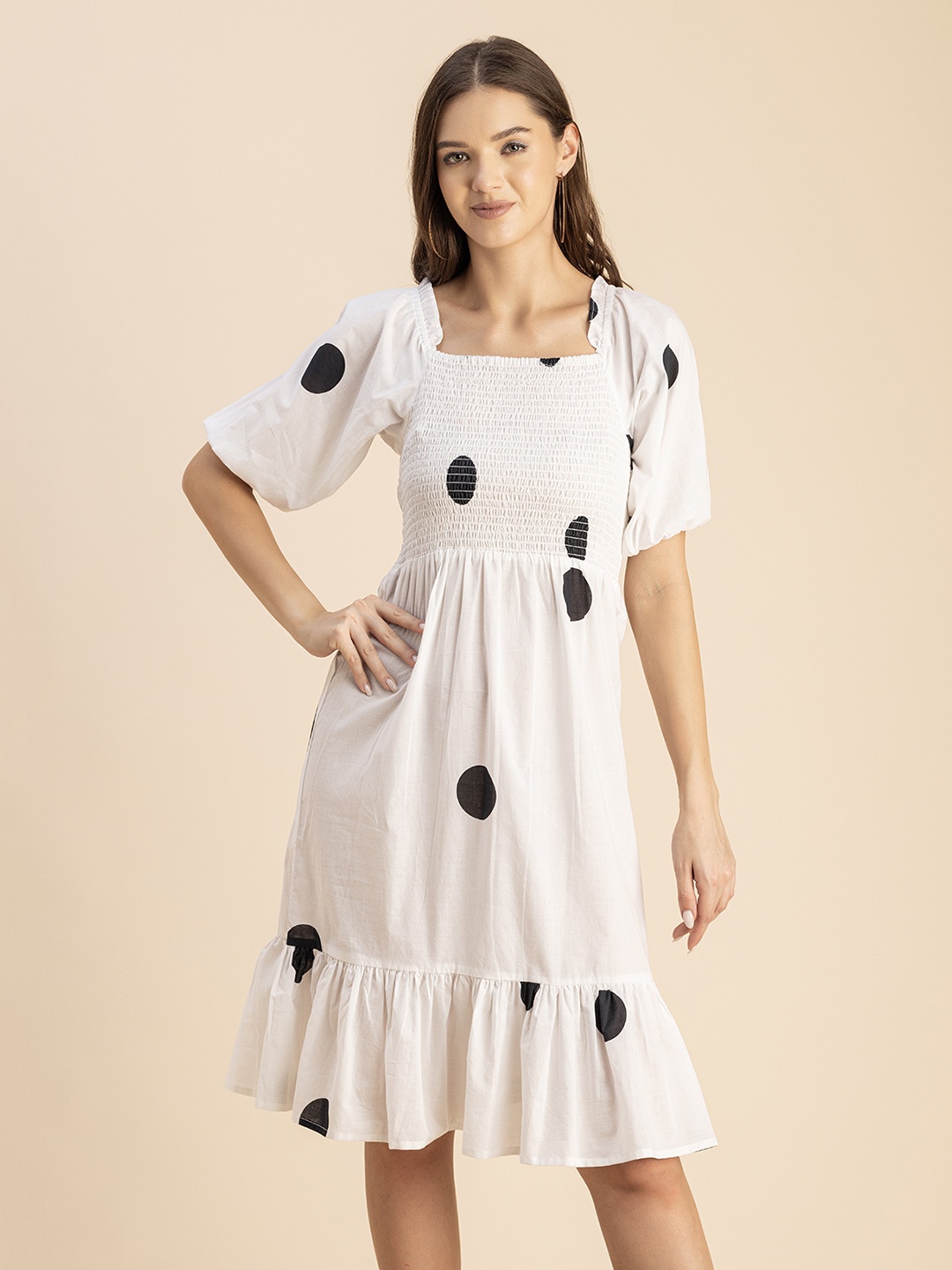 

Moomaya Polka Dots Printed Square Neck Short Sleeves Fit & Flare Dress, White