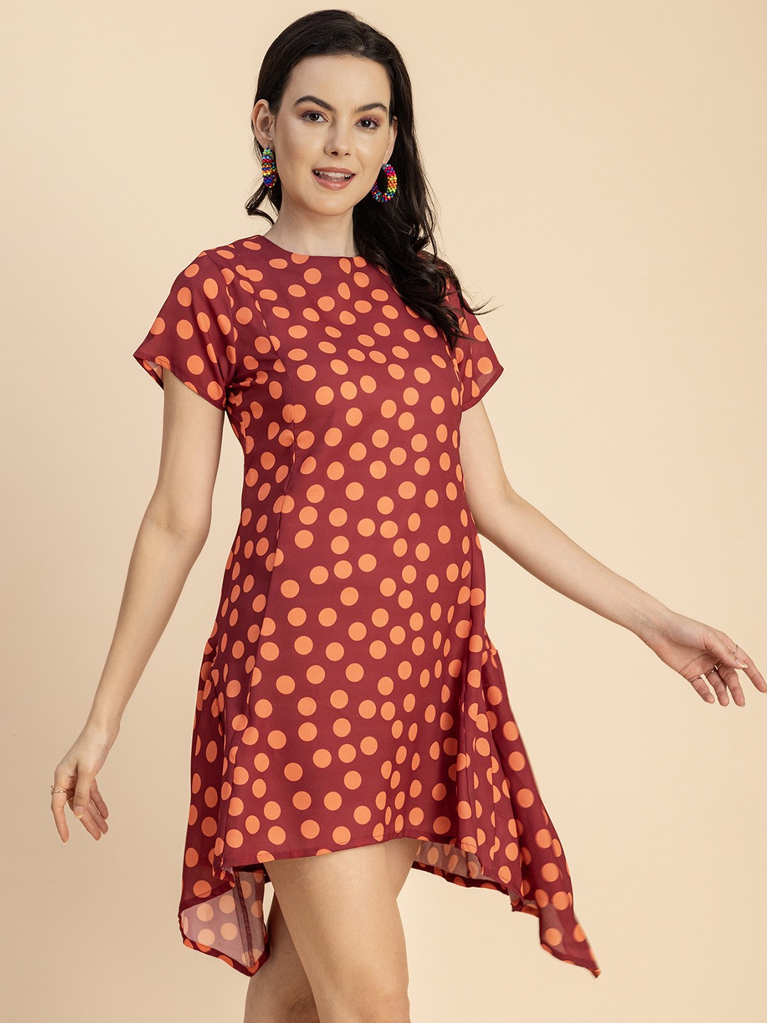 

Moomaya Round Neck Polka Dot Printed Asymmetric Dress, Maroon