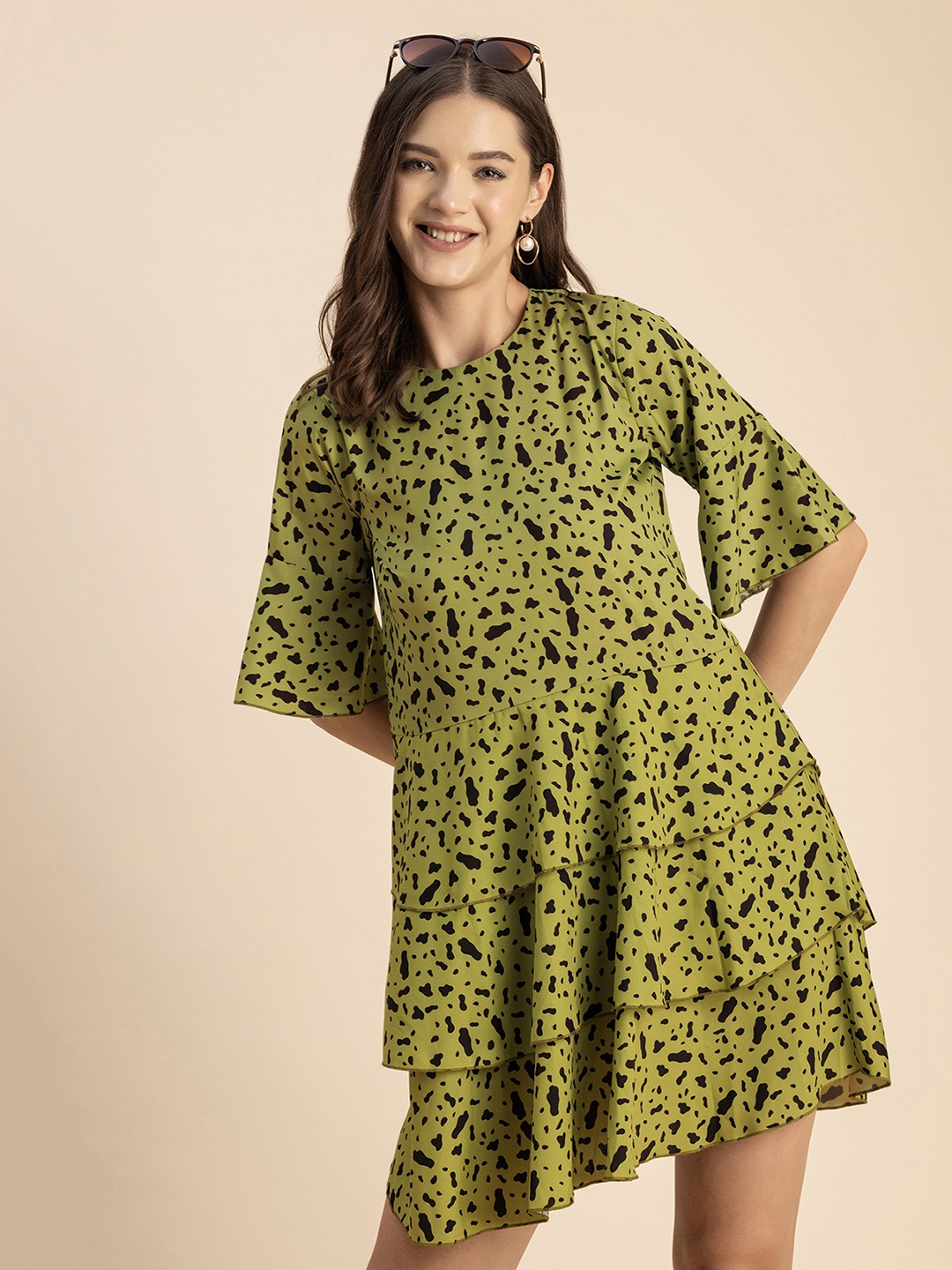 

Moomaya Abstract Print Flared Sleeve MiniDrop Waist Dress, Green